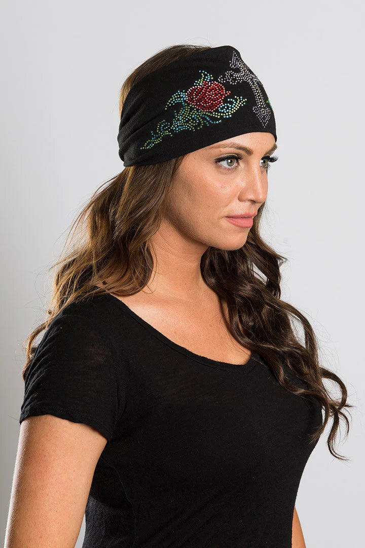 Stretchy Headband Super Bling Cross and Roses (Sku5414)