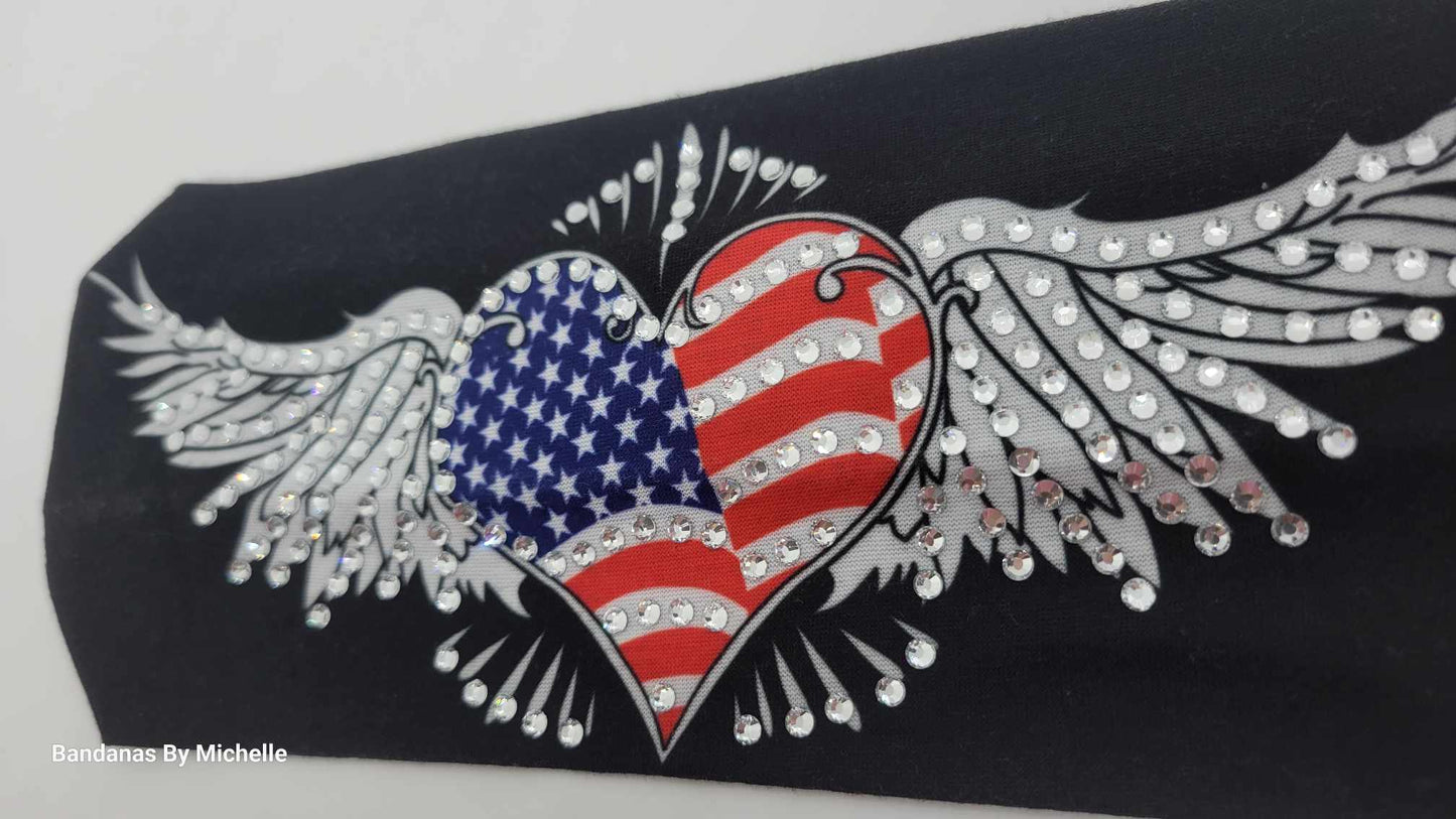 Stretchy Headband Heart Flag with Wings with Clear Crystal Rhinestones (Sku5092)