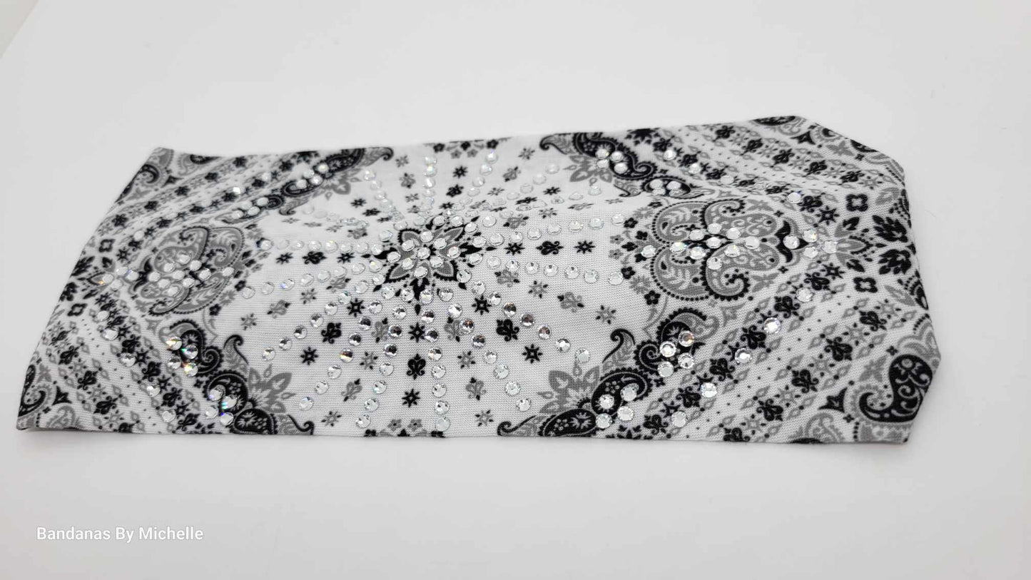 Stretchy Headband White Paisley with Clear Crystals (Sku5163)