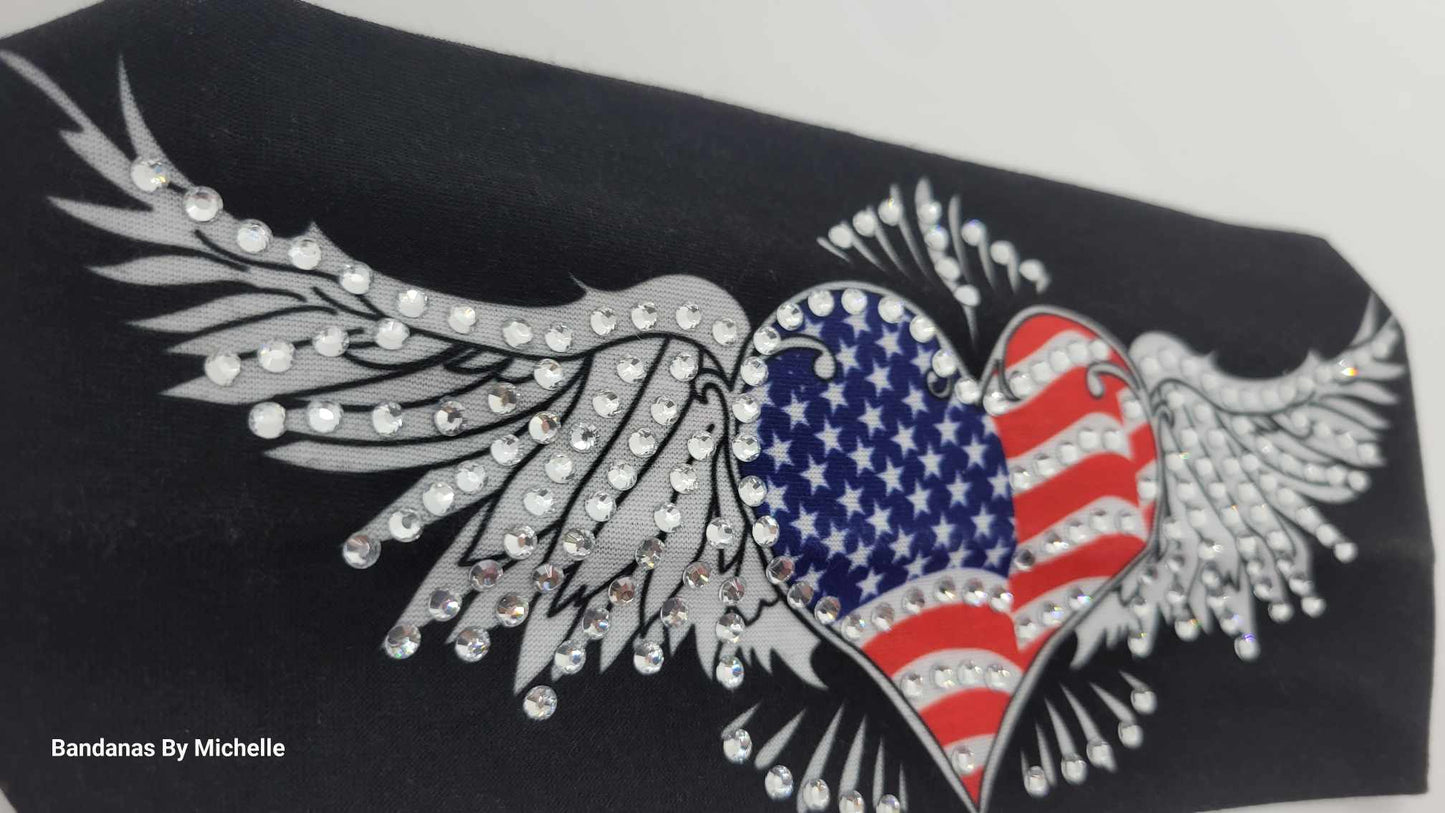 Stretchy Headband Heart Flag with Wings with Clear Crystal Rhinestones (Sku5092)