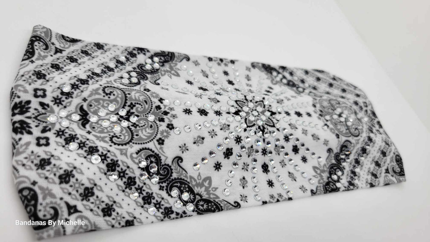 Stretchy Headband White Paisley with Clear Crystals (Sku5163)