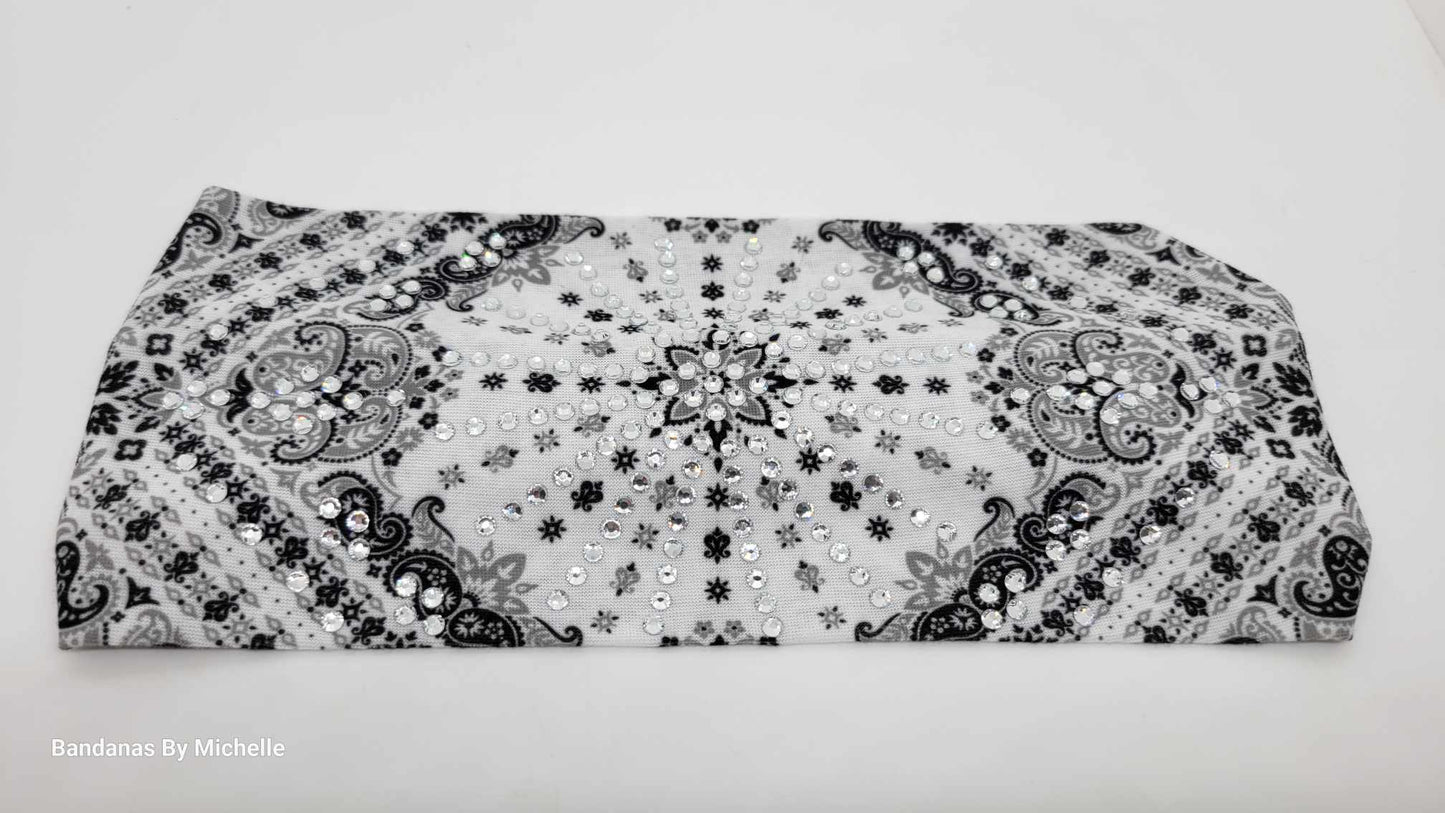 Stretchy Headband White Paisley with Clear Crystals (Sku5163)