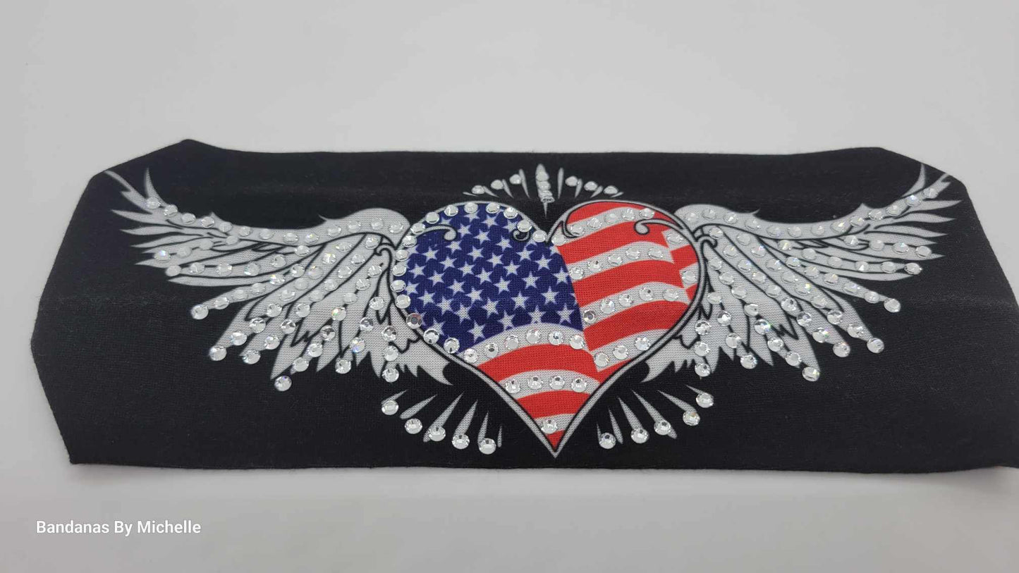 Stretchy Headband Heart Flag with Wings with Clear Crystal Rhinestones (Sku5092)