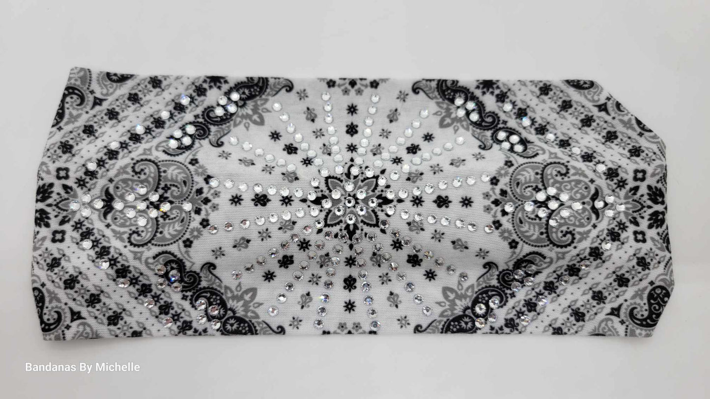Stretchy Headband White Paisley with Clear Crystals (Sku5163)