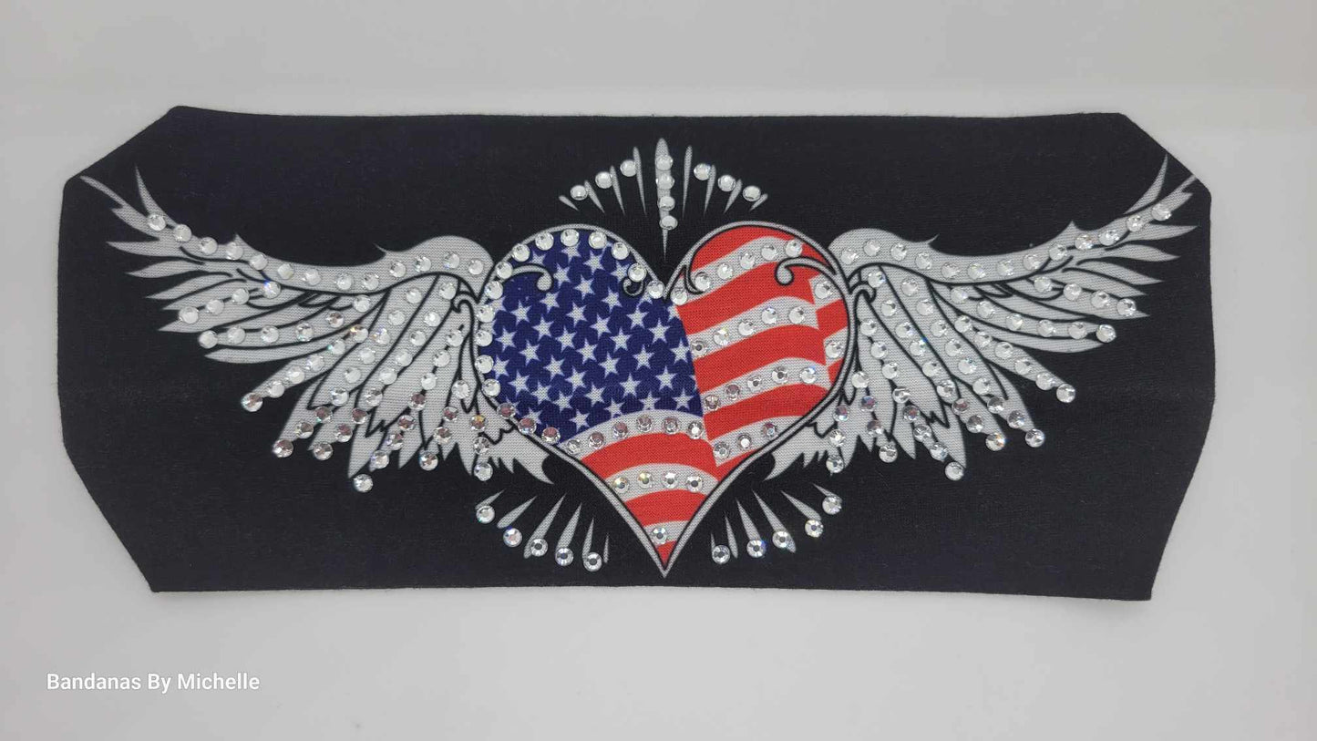 Stretchy Headband Heart Flag with Wings with Clear Crystal Rhinestones (Sku5092)