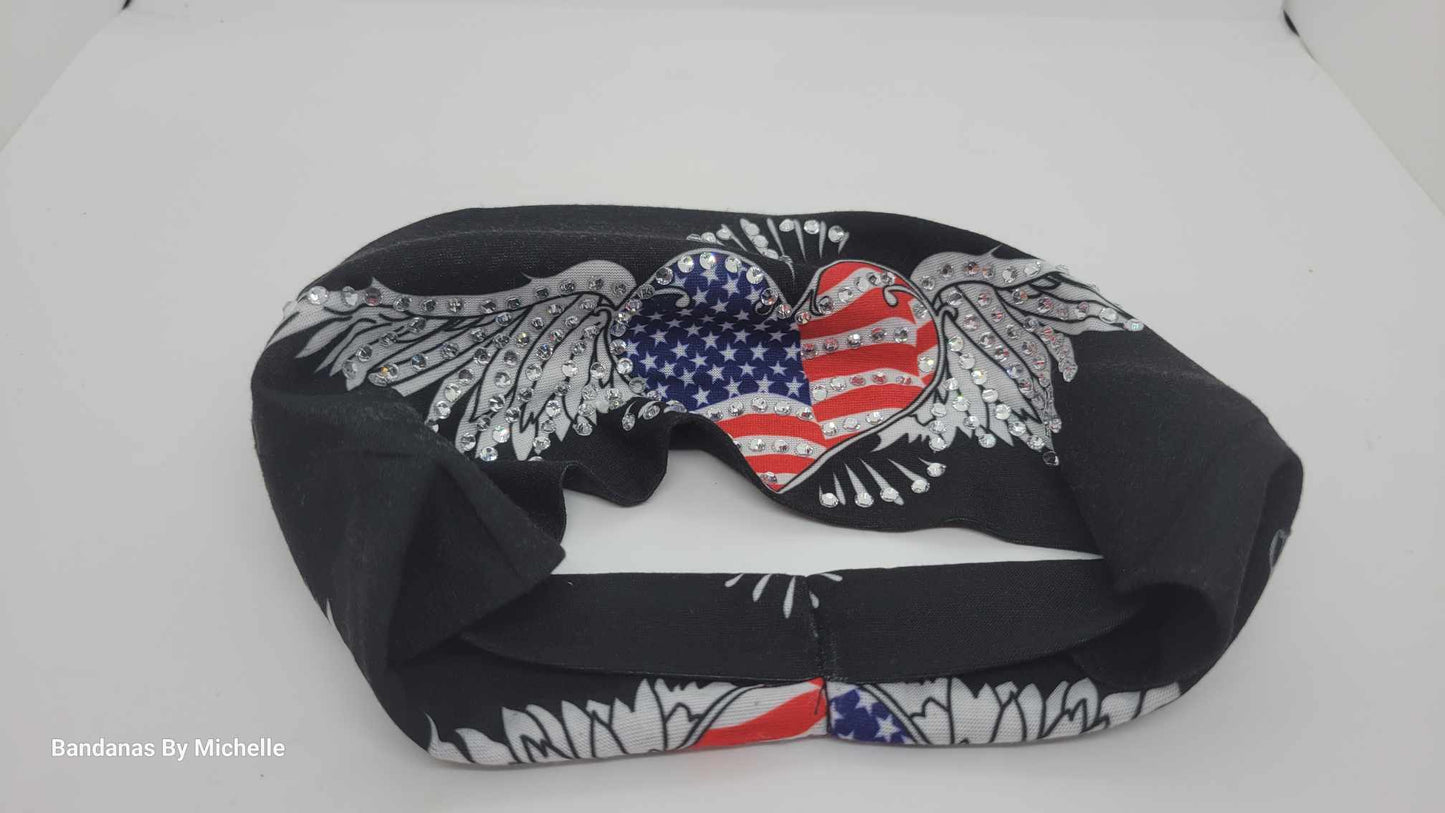Stretchy Headband Heart Flag with Wings with Clear Crystal Rhinestones (Sku5092)