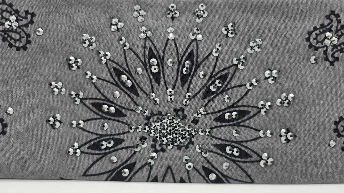 EXTRA BLING - Large Grey Paisley Bandana with Black Austrian Crystals (sku6406)