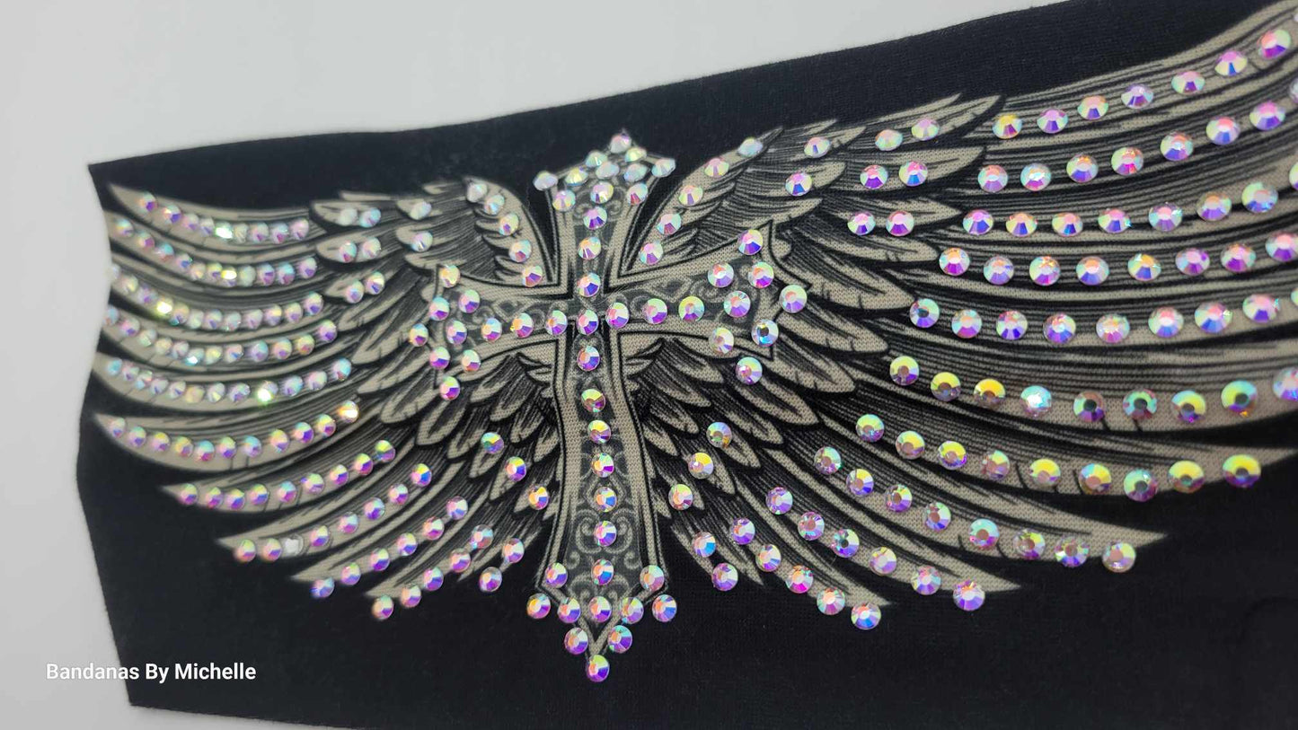 Stretchy Headband Cross with Wings with Aurora Borealis Crystals (Sku5314)