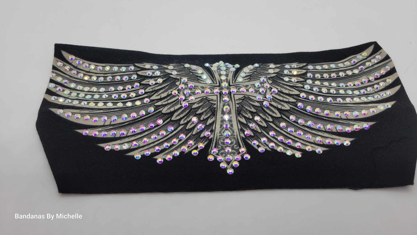 Stretchy Headband Cross with Wings with Aurora Borealis Crystals (Sku5314)