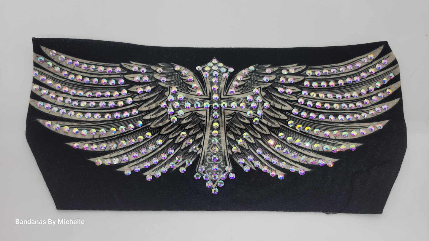 Stretchy Headband Cross with Wings with Aurora Borealis Crystals (Sku5314)