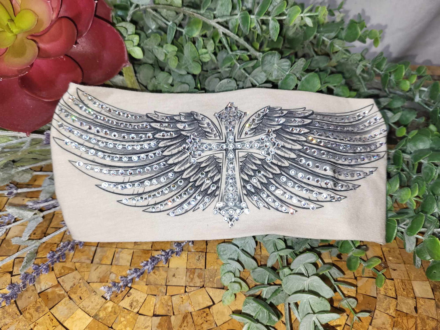 Stretchy Headband Cross with Angel Wings on Taupe with Diamond Clear Crystals (Sku5325)