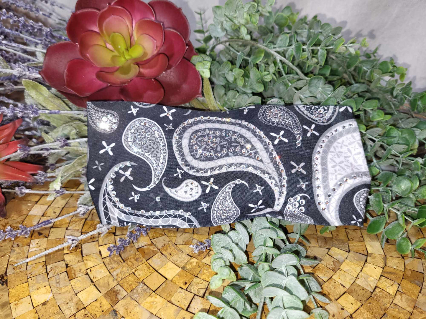 Stretchy Headband Black and Grey Paisley with Diamond Clear Crystals (Sku5328)
