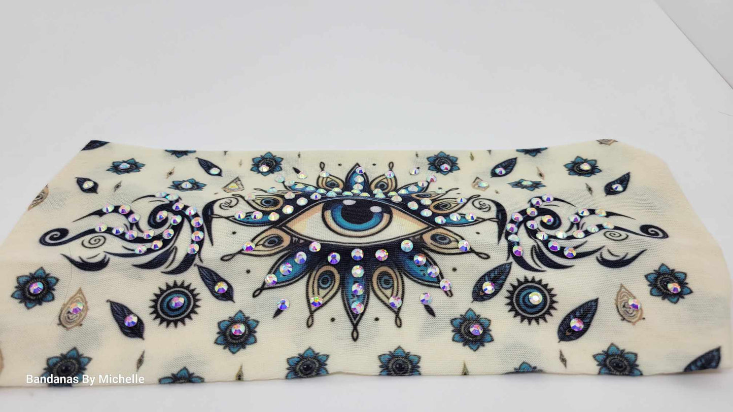 Stretchy Headband Seeing Eye on Cream With Aurora Borealis Crystals (Sku5362)