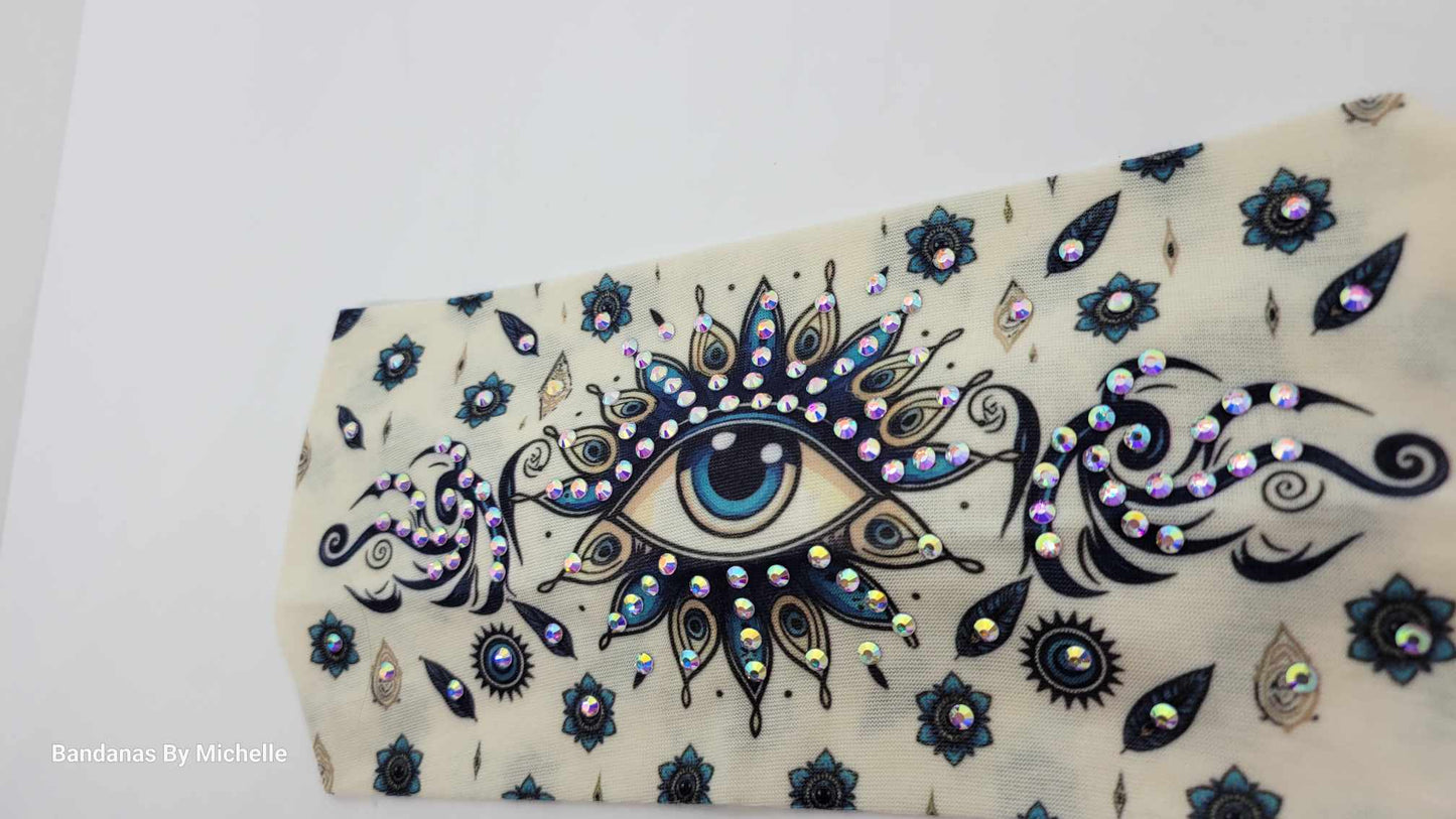 Stretchy Headband Seeing Eye on Cream With Aurora Borealis Crystals (Sku5362)
