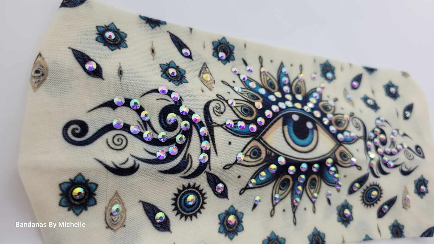 Stretchy Headband Seeing Eye on Cream With Aurora Borealis Crystals (Sku5362)