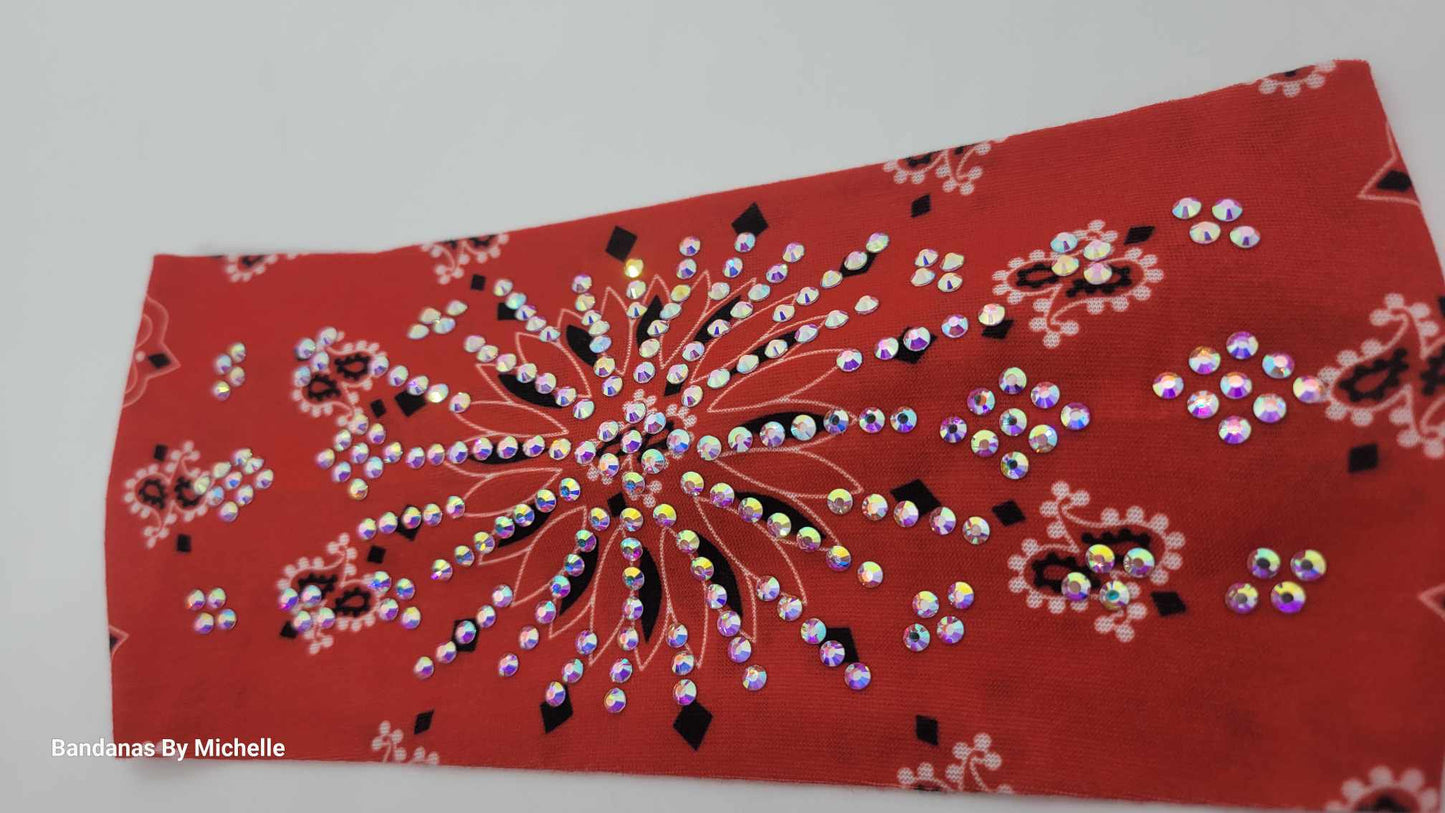 Stretchy Headband Burnt Red Paisley With Aurora Borealis Crystals (Sku5374)
