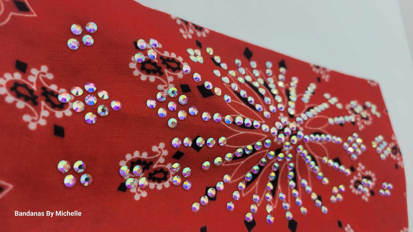 Stretchy Headband Burnt Red Paisley With Aurora Borealis Crystals (Sku5374)