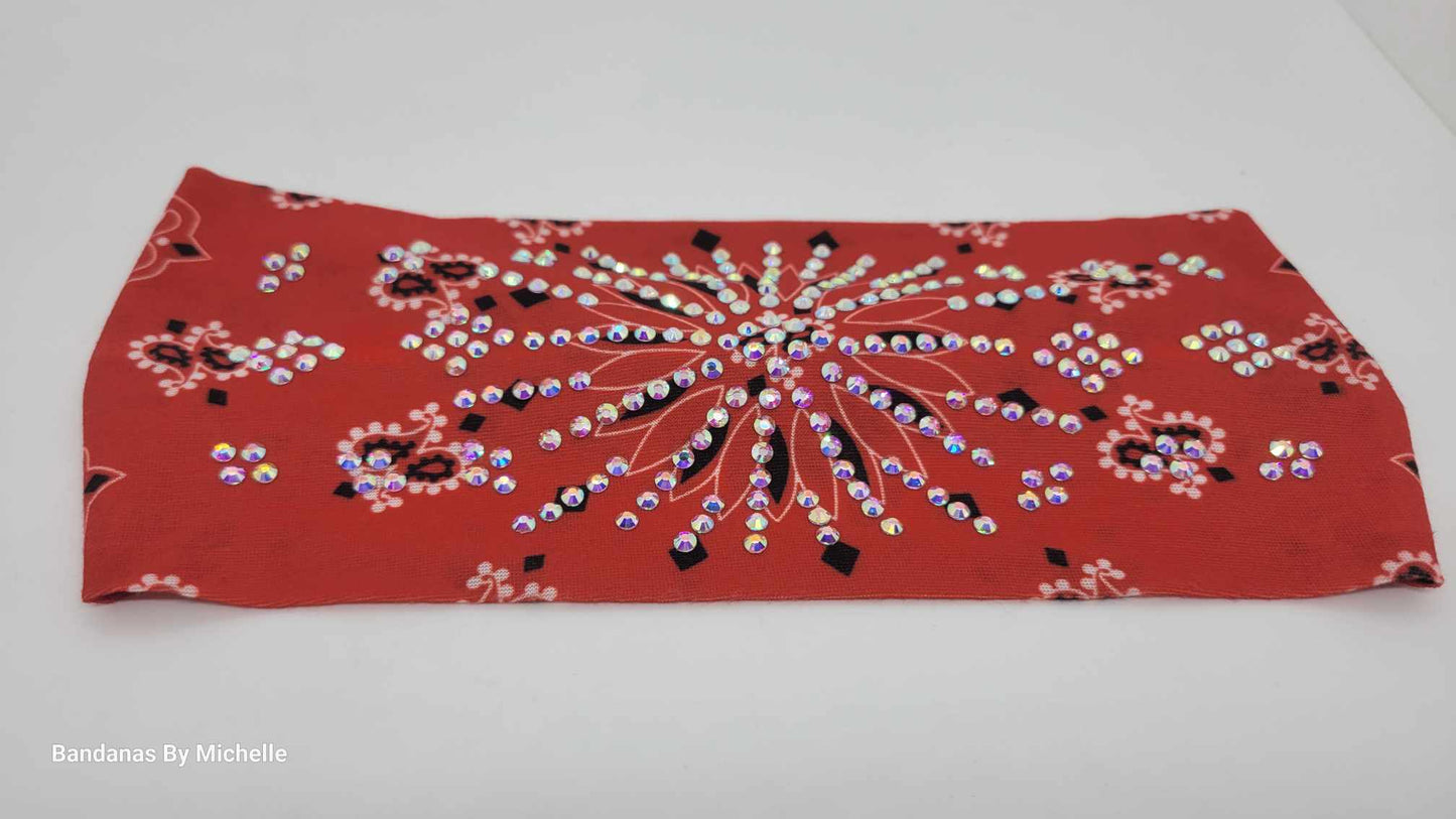 Stretchy Headband Burnt Red Paisley With Aurora Borealis Crystals (Sku5374)