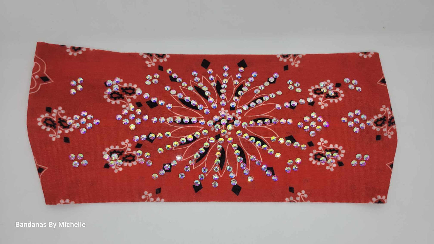 Stretchy Headband Burnt Red Paisley With Aurora Borealis Crystals (Sku5374)