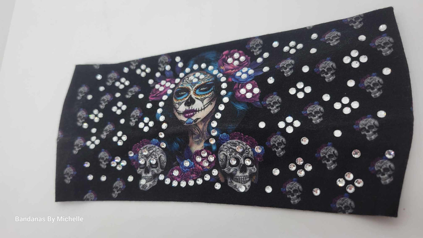 Stretchy Headband Painted Lady on Black With Diamond Clear Crystals (Sku5375)