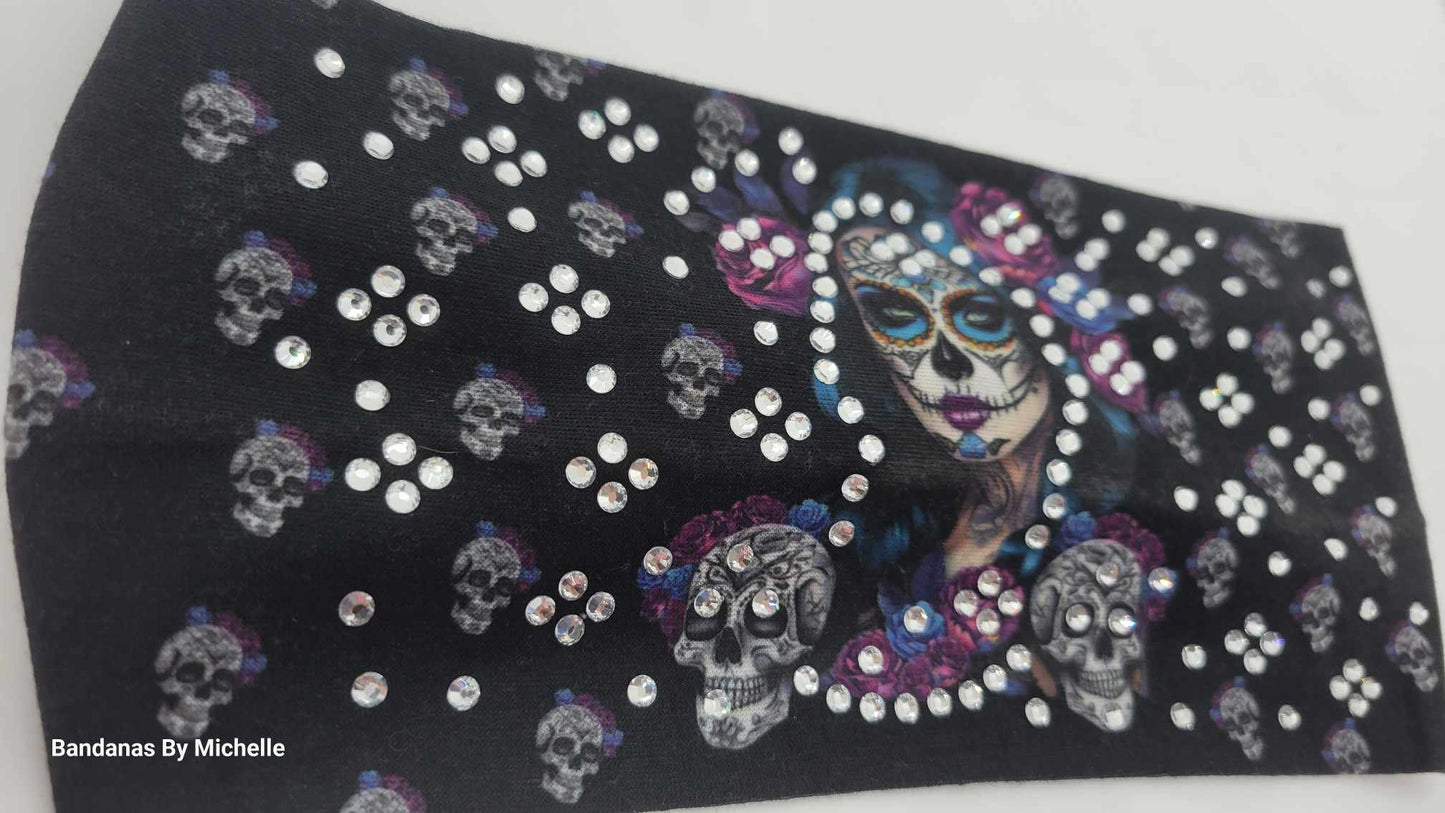 Stretchy Headband Painted Lady on Black With Diamond Clear Crystals (Sku5375)
