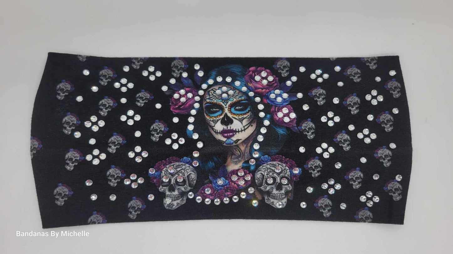 Stretchy Headband Painted Lady on Black With Diamond Clear Crystals (Sku5375)