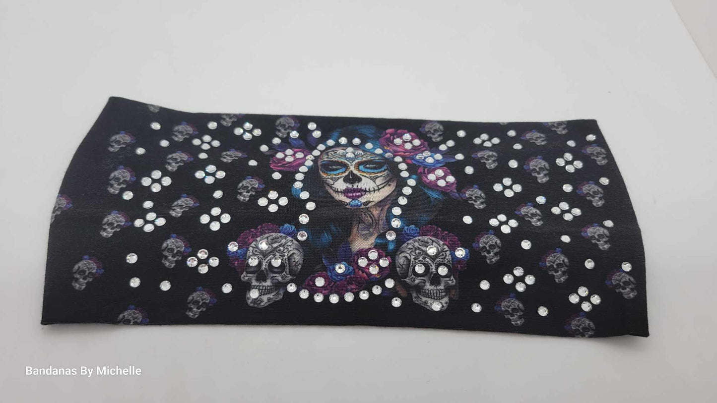 Stretchy Headband Painted Lady on Black With Diamond Clear Crystals (Sku5375)