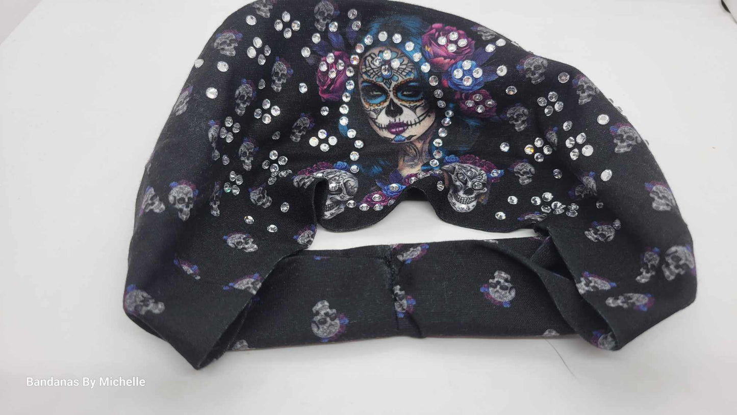 Stretchy Headband Painted Lady on Black With Diamond Clear Crystals (Sku5375)