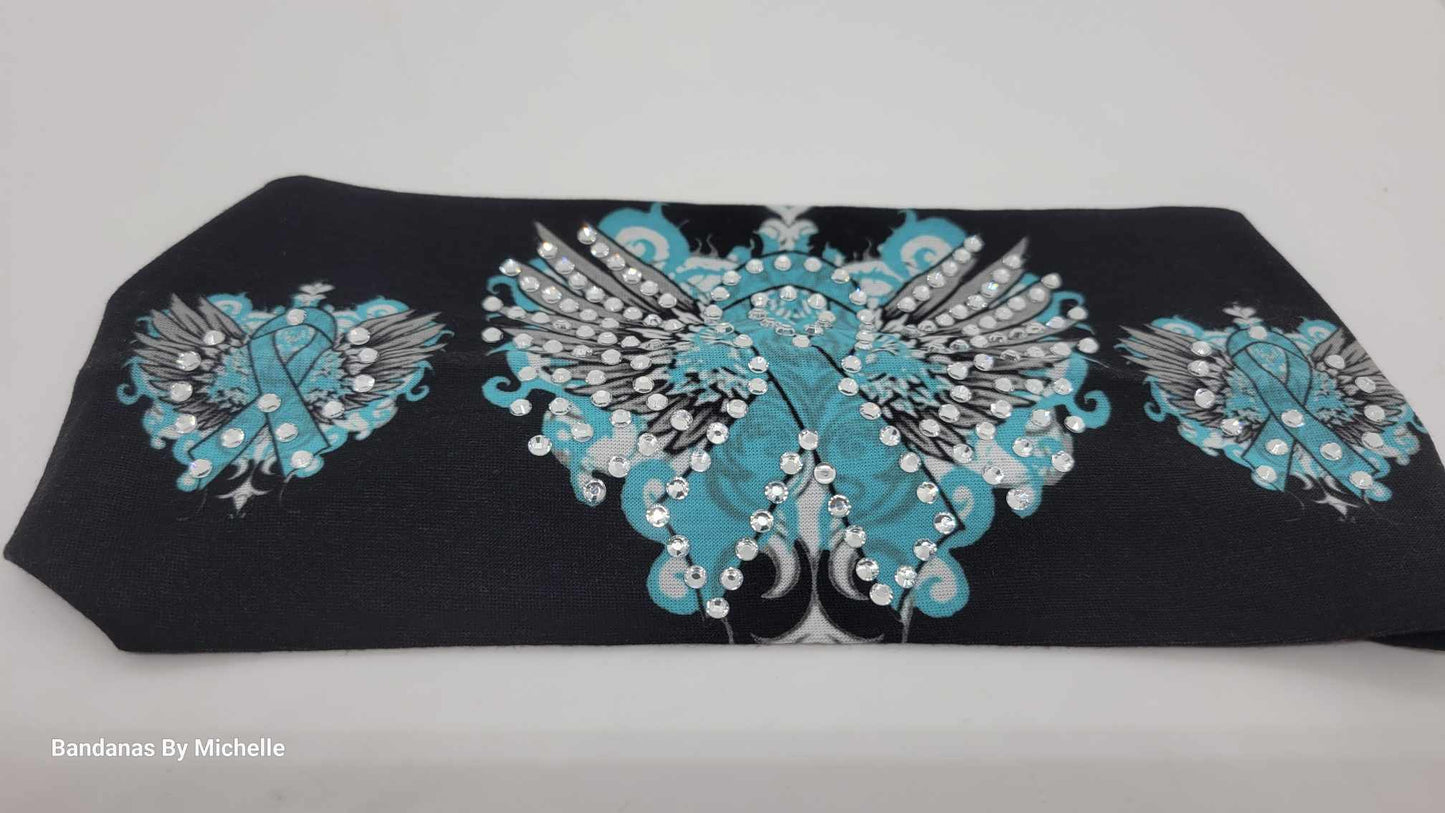Stretchy Headband Teal Ribbon and Wings With Diamond Clear Crystals (Sku5376)
