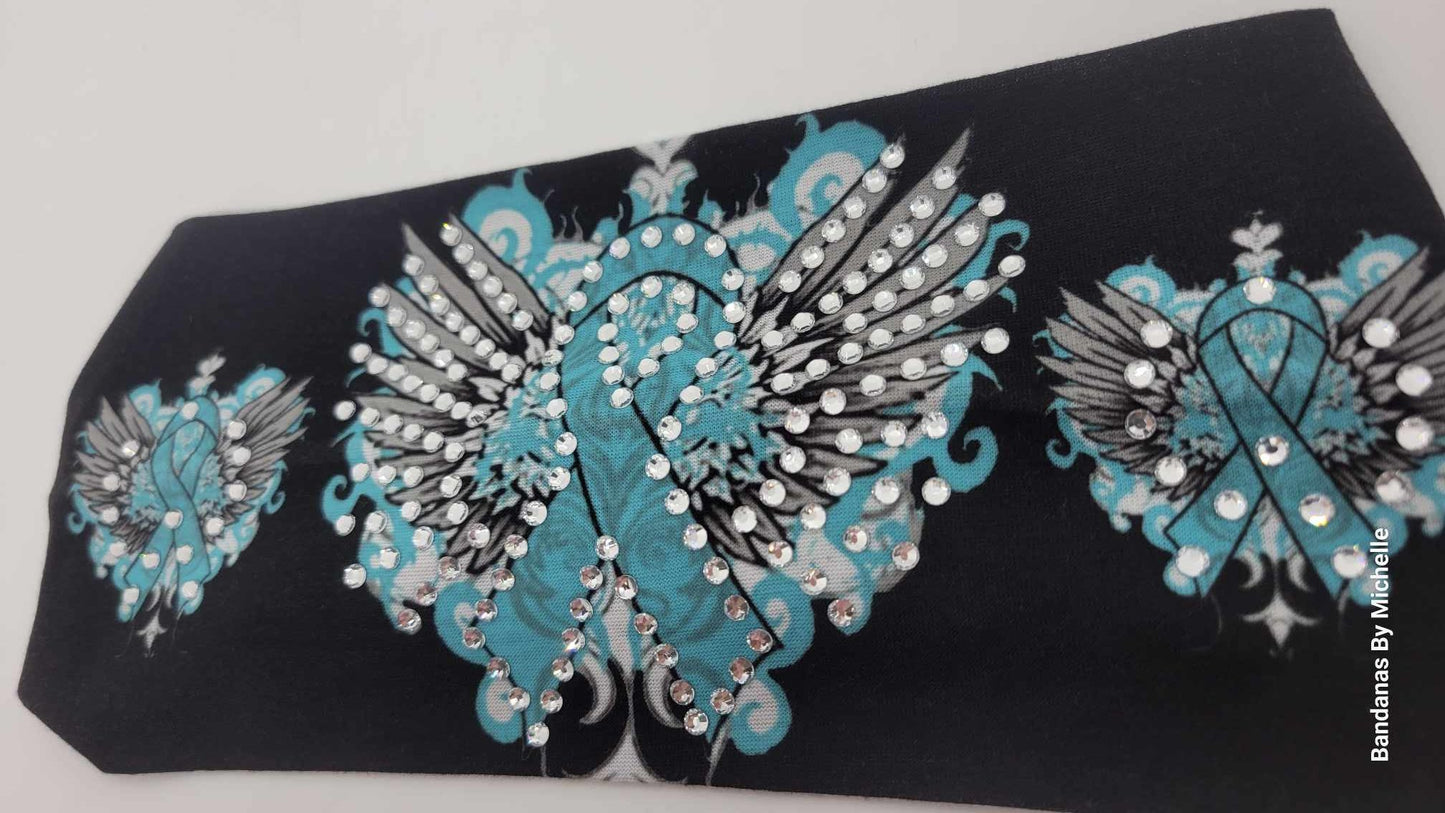 Stretchy Headband Teal Ribbon and Wings With Diamond Clear Crystals (Sku5376)