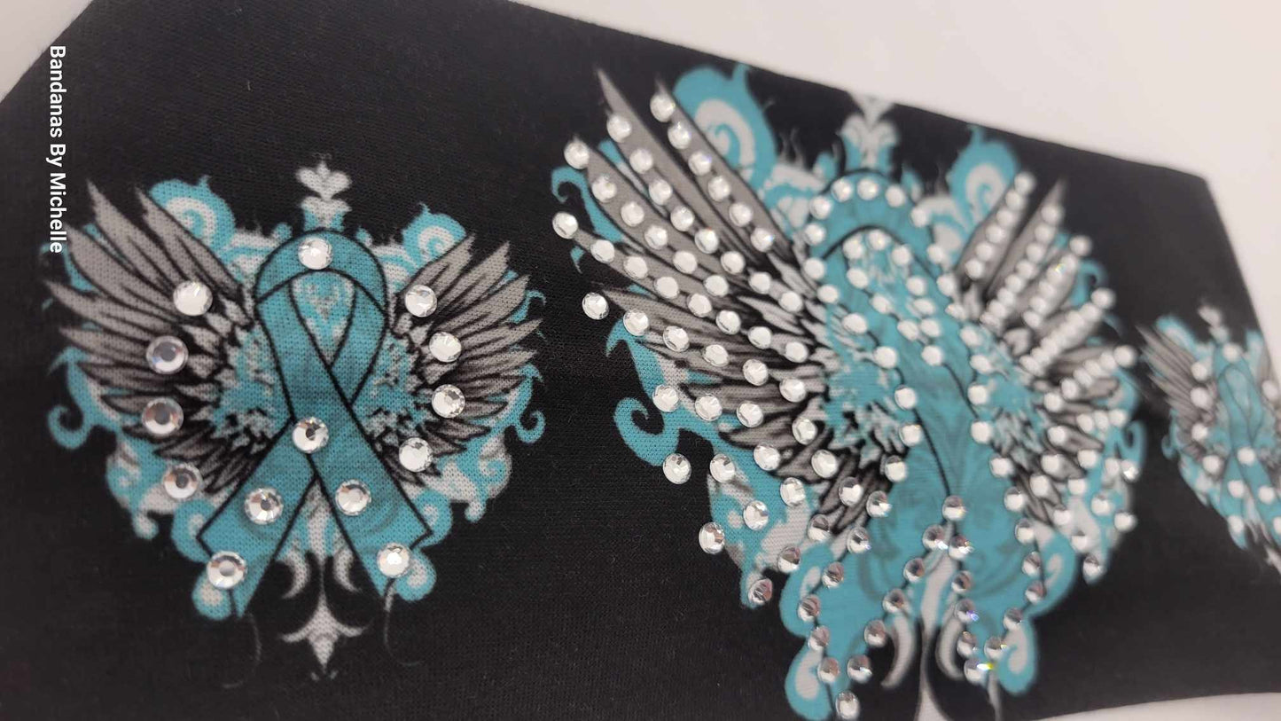 Stretchy Headband Teal Ribbon and Wings With Diamond Clear Crystals (Sku5376)