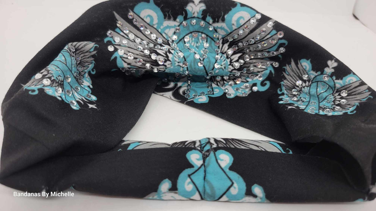 Stretchy Headband Teal Ribbon and Wings With Diamond Clear Crystals (Sku5376)