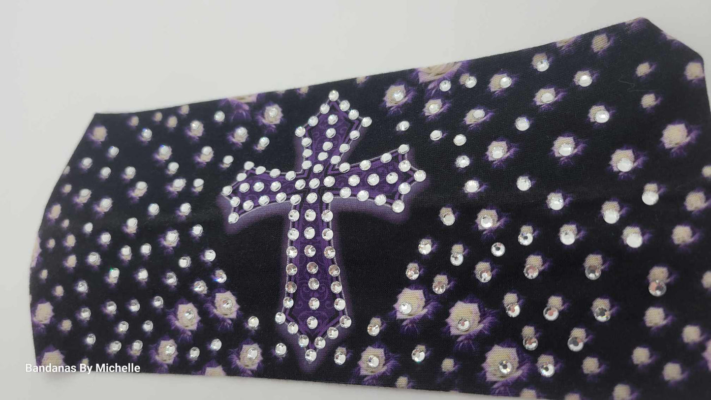 Stretchy Headband Purple Cross With Diamond Clear Crystals (Sku5378)