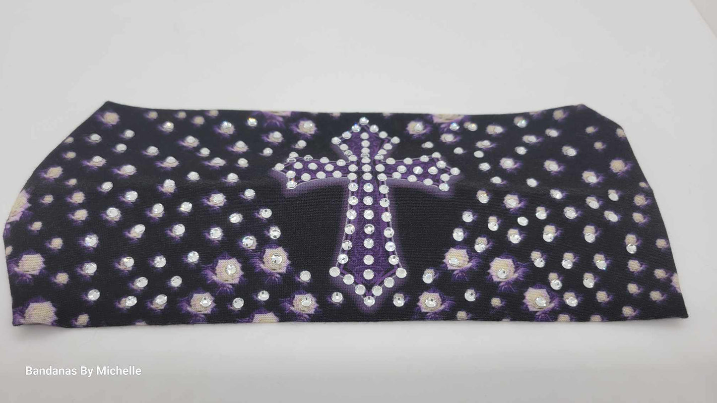 Stretchy Headband Purple Cross With Diamond Clear Crystals (Sku5378)