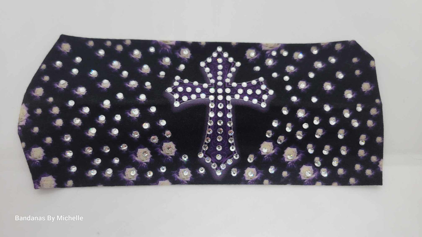 Stretchy Headband Purple Cross With Diamond Clear Crystals (Sku5378)
