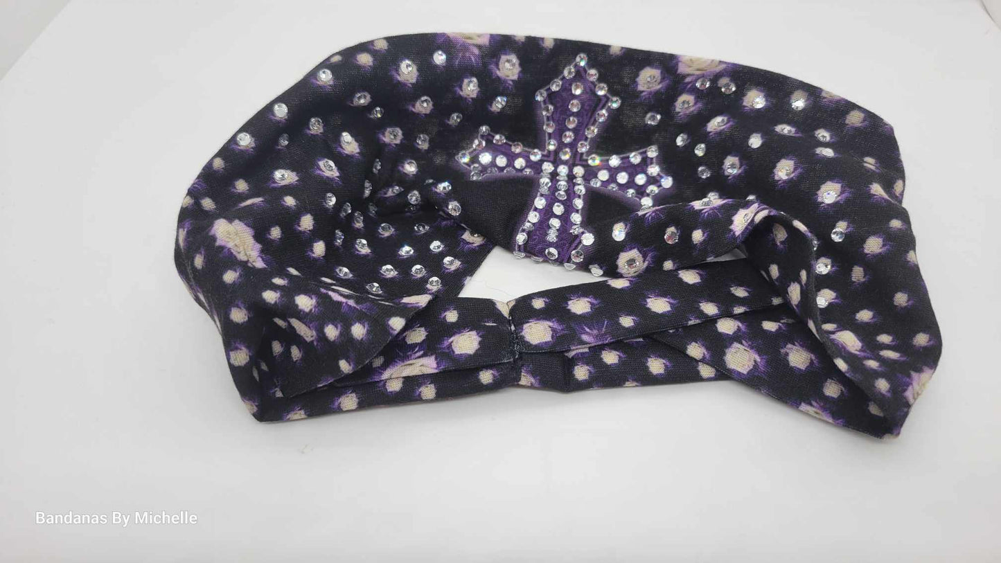 Stretchy Headband Purple Cross With Diamond Clear Crystals (Sku5378)