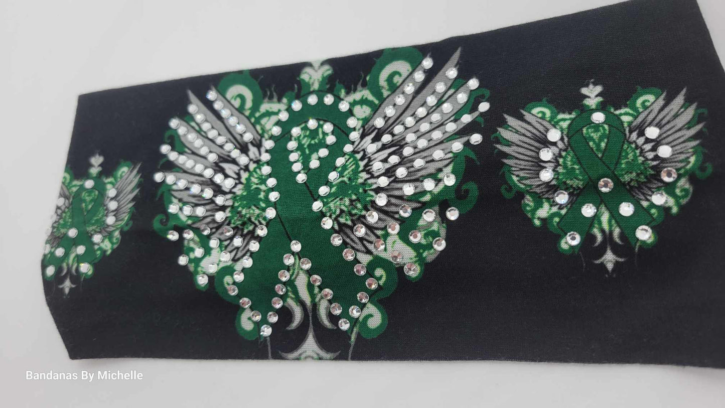 Stretchy Headband Green Ribbon and Wings With Diamond Clear Crystals (Sku5380)