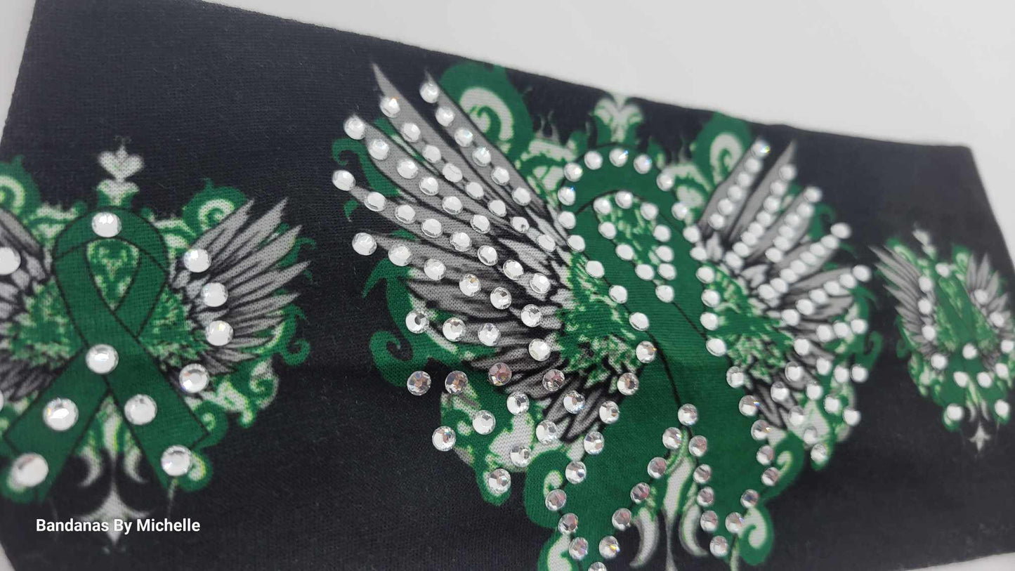 Stretchy Headband Green Ribbon and Wings With Diamond Clear Crystals (Sku5380)