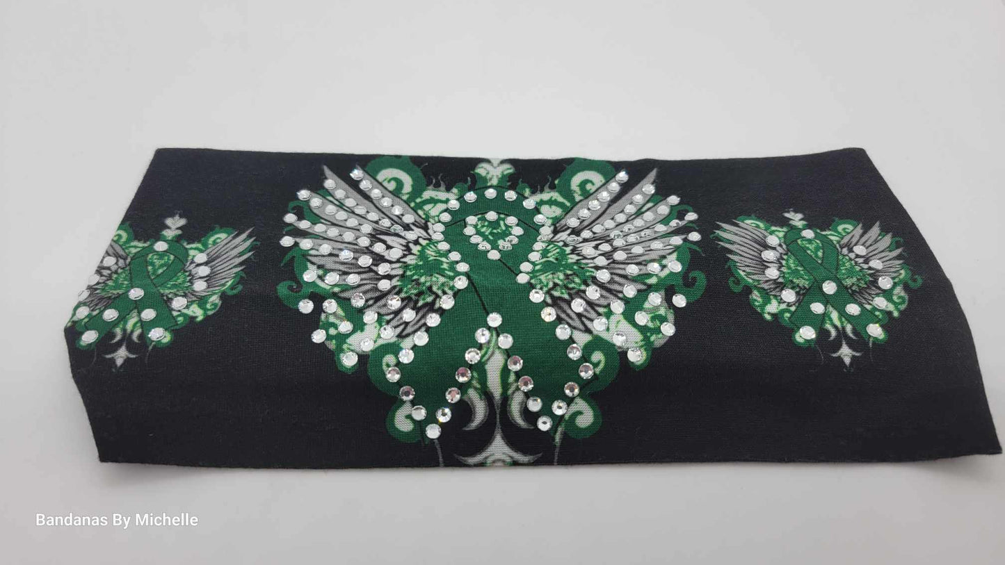 Stretchy Headband Green Ribbon and Wings With Diamond Clear Crystals (Sku5380)