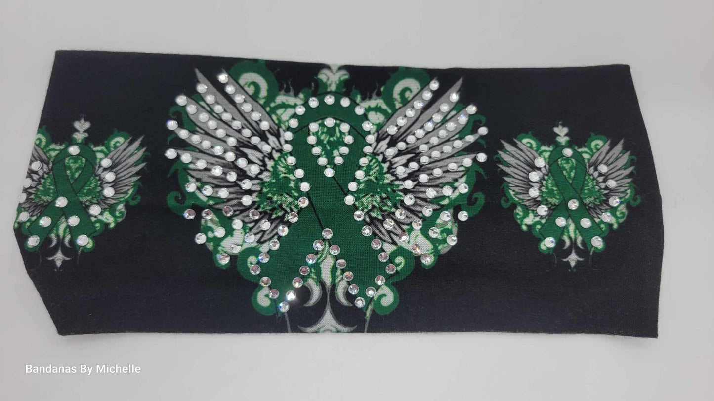 Stretchy Headband Green Ribbon and Wings With Diamond Clear Crystals (Sku5380)