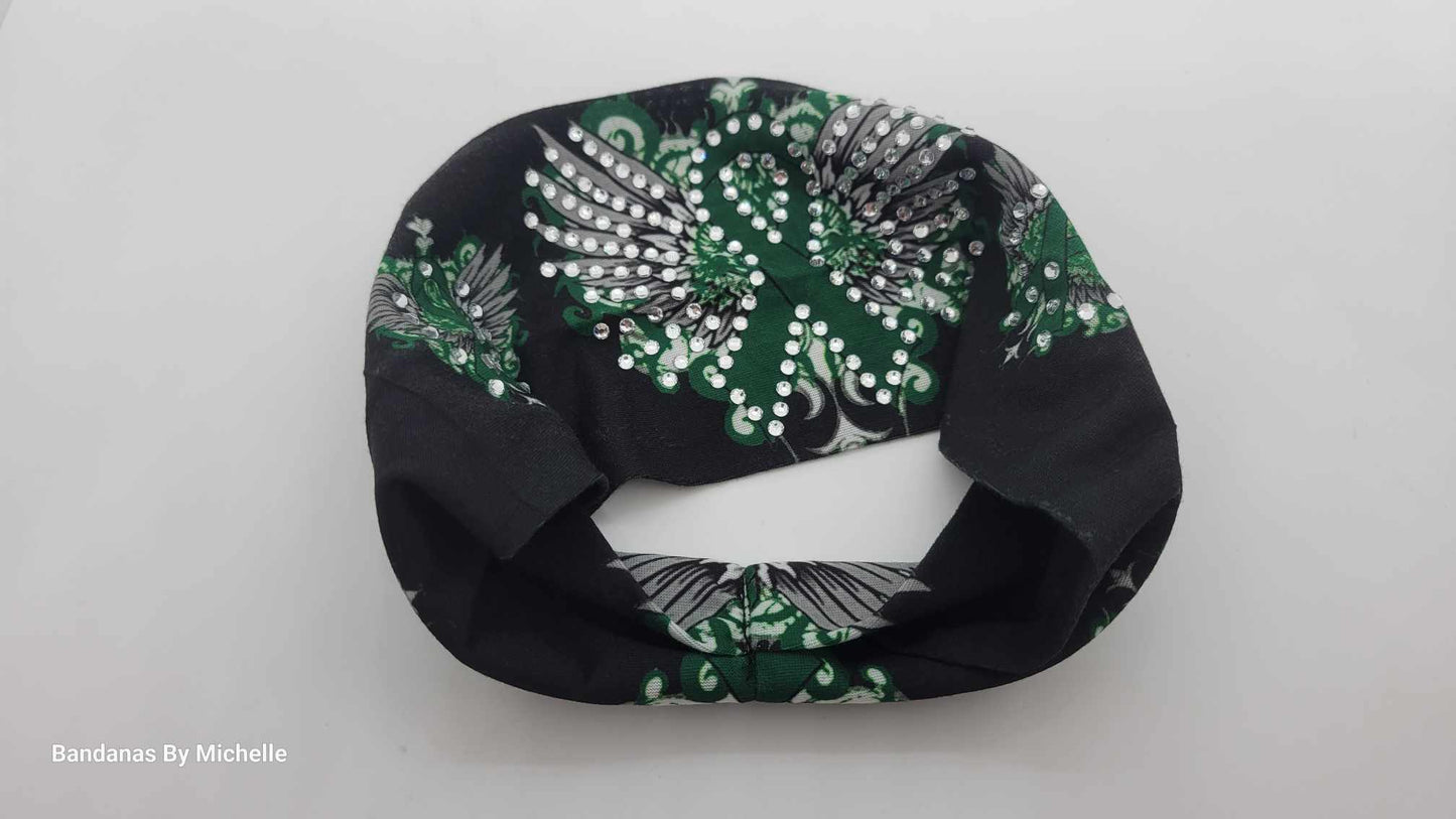 Stretchy Headband Green Ribbon and Wings With Diamond Clear Crystals (Sku5380)