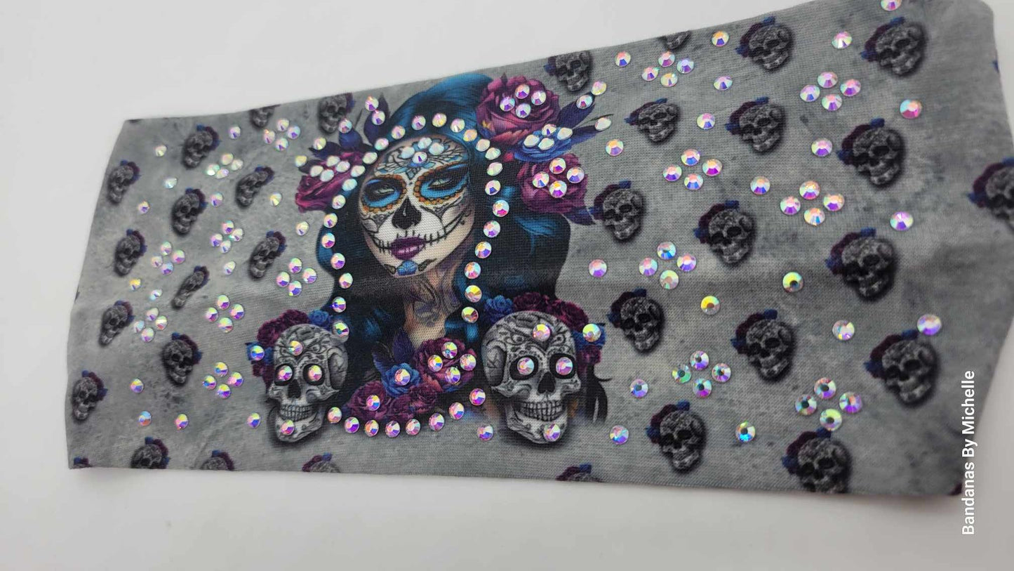 Stretchy Headband Painted Lady on Grey With Aurora Borealis Crystals (Sku5381)