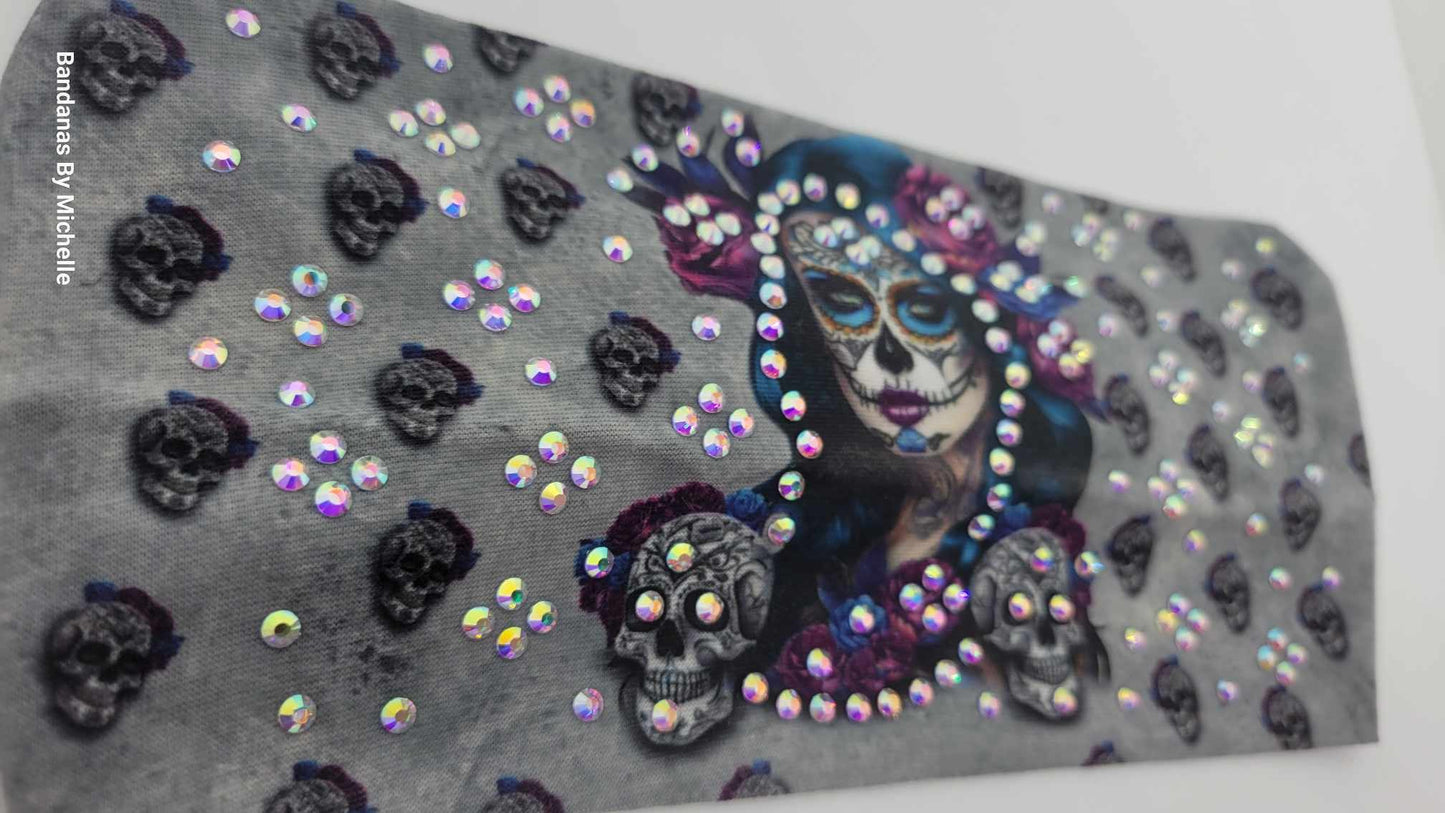 Stretchy Headband Painted Lady on Grey With Aurora Borealis Crystals (Sku5381)