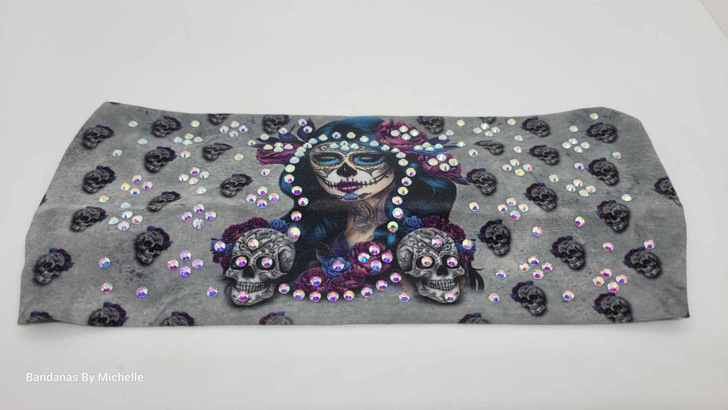 Stretchy Headband Painted Lady on Grey With Aurora Borealis Crystals (Sku5381)