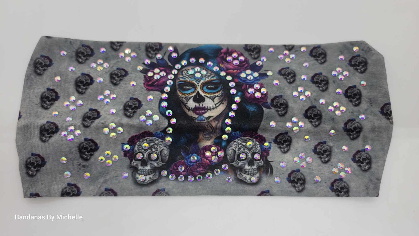 Stretchy Headband Painted Lady on Grey With Aurora Borealis Crystals (Sku5381)
