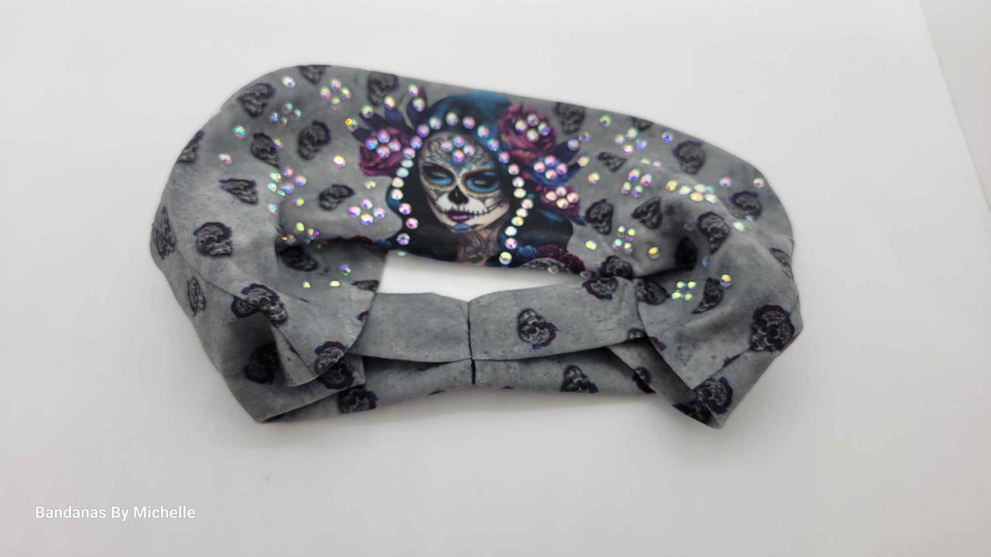 Stretchy Headband Painted Lady on Grey With Aurora Borealis Crystals (Sku5381)