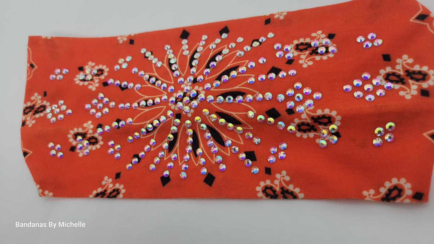 Stretchy Headband Dark Orange Paisley With Aurora Borealis Crystals (Sku5382)