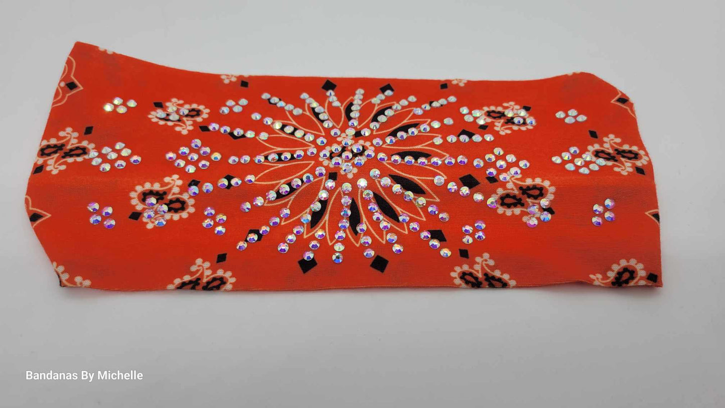 Stretchy Headband Dark Orange Paisley With Aurora Borealis Crystals (Sku5382)