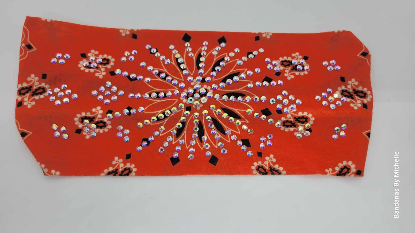 Stretchy Headband Dark Orange Paisley With Aurora Borealis Crystals (Sku5382)