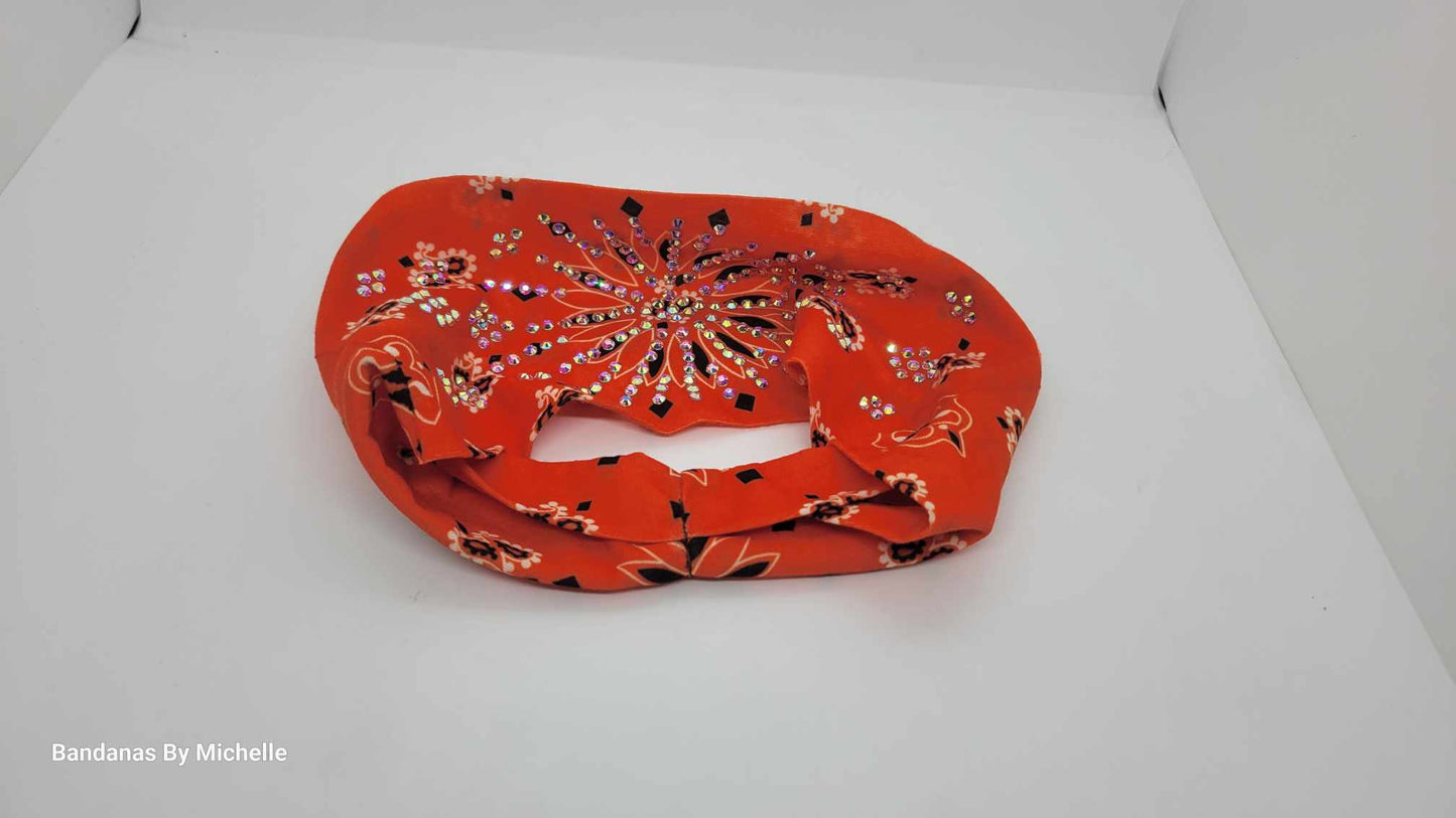 Stretchy Headband Dark Orange Paisley With Aurora Borealis Crystals (Sku5382)